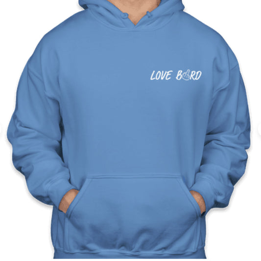 Light blue unisex hoodie featuring a small “LOVE BIRD” logo on the front chest and a large “LOVE BIRD” graphic with a hand gesture incorporated into the word “BIRD” on the back.